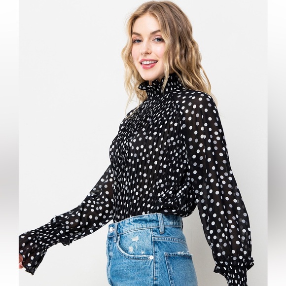 27 Polka Dot Pleated Long Sleeve Blouse Top - Picture 5 of 7